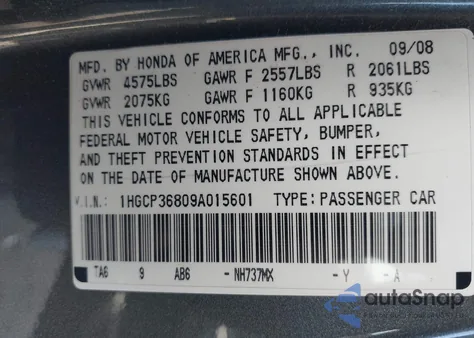 2009 Honda Accord 3.5 Ex-L z USA, uszkodzony, nr VIN 1HGCP36809A015601